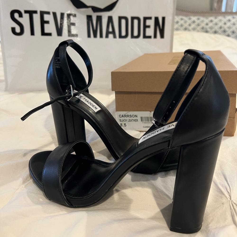 Steve Madden Carrson Black Leather 4” Block Heel Sandal Size 8.5